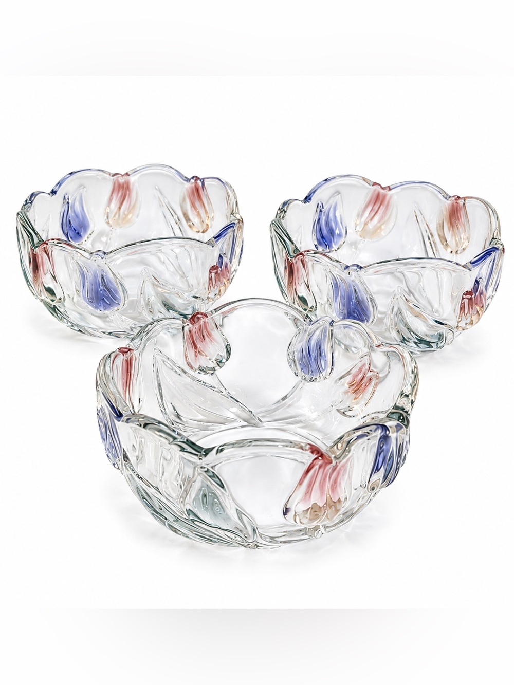Vintage Mikasa Clear Glass Bowls with Blue and Pink Floral Highlights (Set of 3)